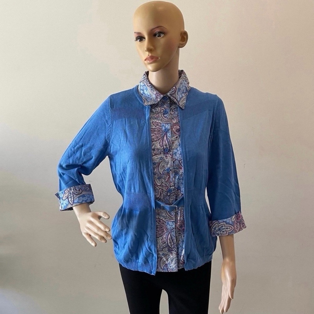 Elegant Blue Paisley Collared Button Front Belted Blouse